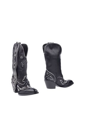 Black Western Embroidered Mid-Calf Heeled Boots